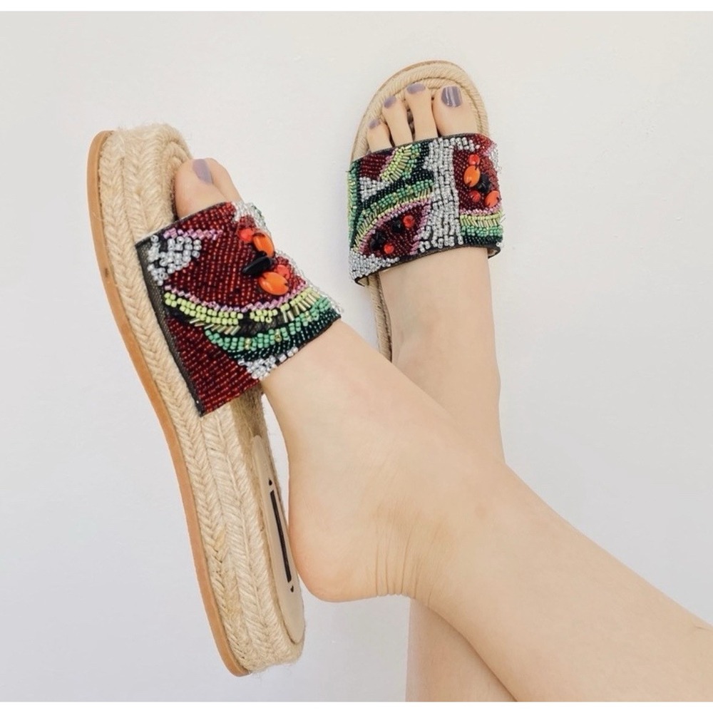 ZARA Beaded Watermelon Espadrille Bohemian Sandals Sz‎ 35/US 5 Colorful Summer